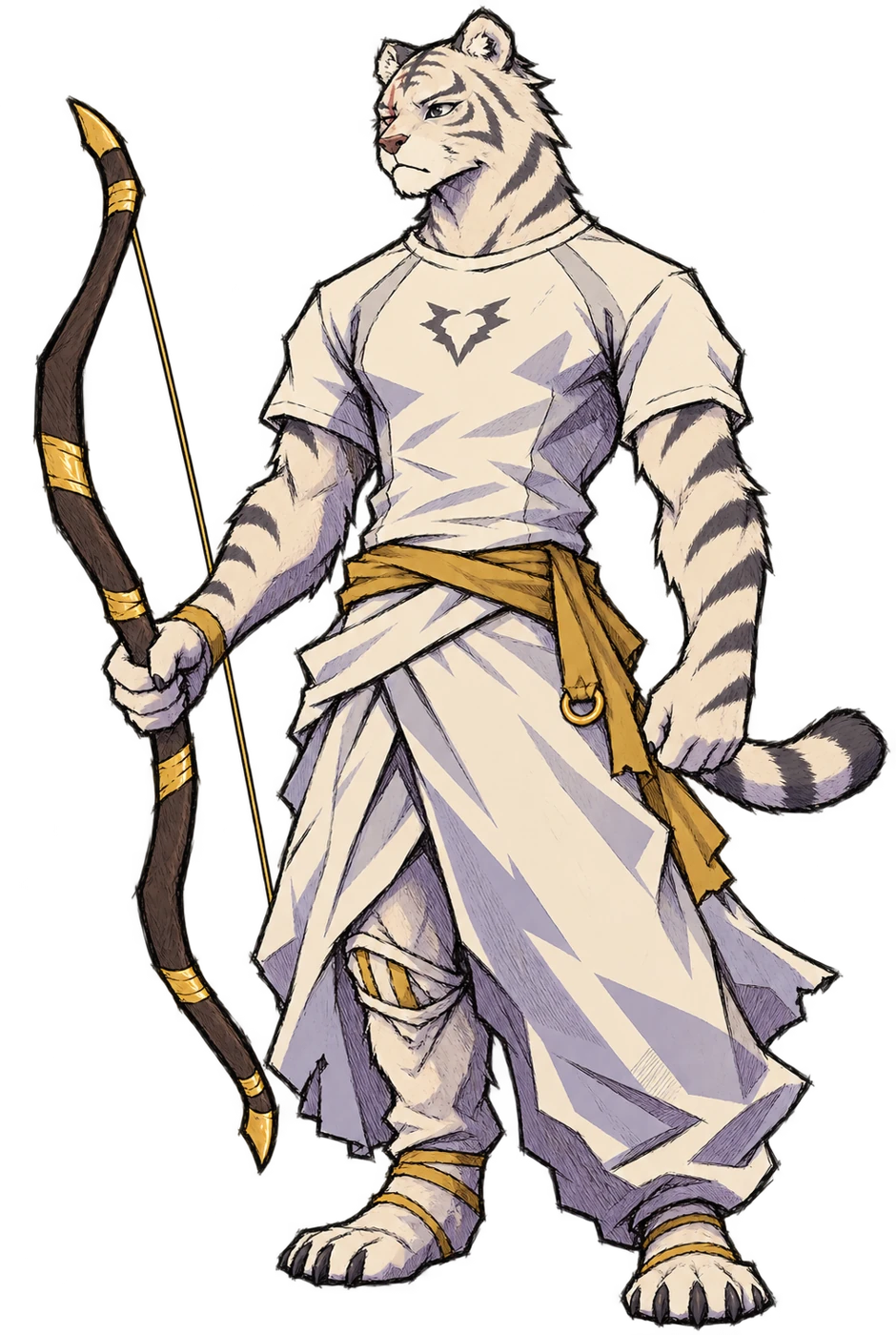 White tiger wearing the Auric White Muscle Fit Tee and ivory trousers with gold accents, carrying a gold-trimmed bow